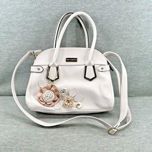 Big Buddha 3-D Flowers Appliqué Barrel Handbag Purse Satchel White (PU)